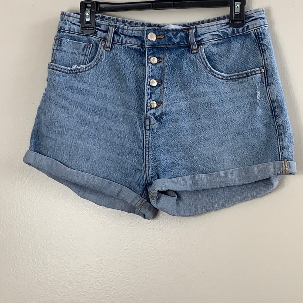 Zara High Rise Button Fly Distressed Denim Shorts - Picture 3 of 4